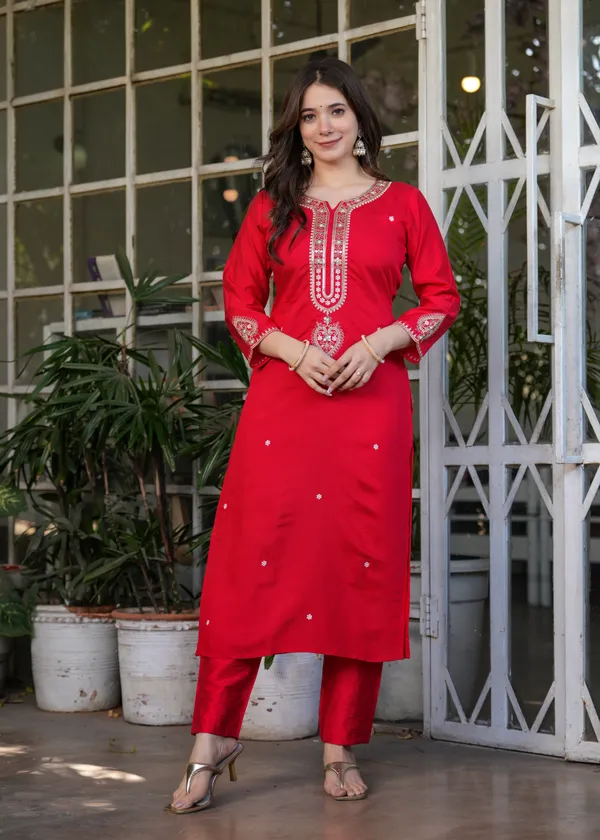 Neeva_store_Viscose_Red_Color_Kurta_Suit_Set