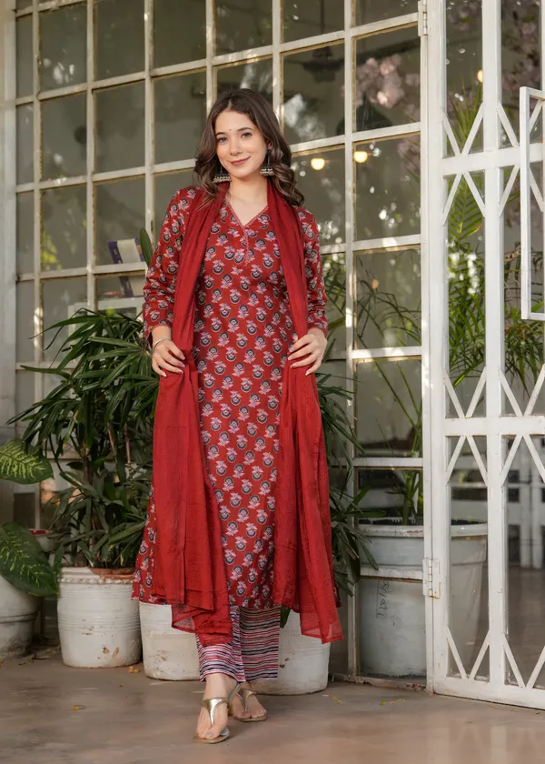 Neeva_store_Cotton_Blend_Rust_Color_Kurta_Suit_Set