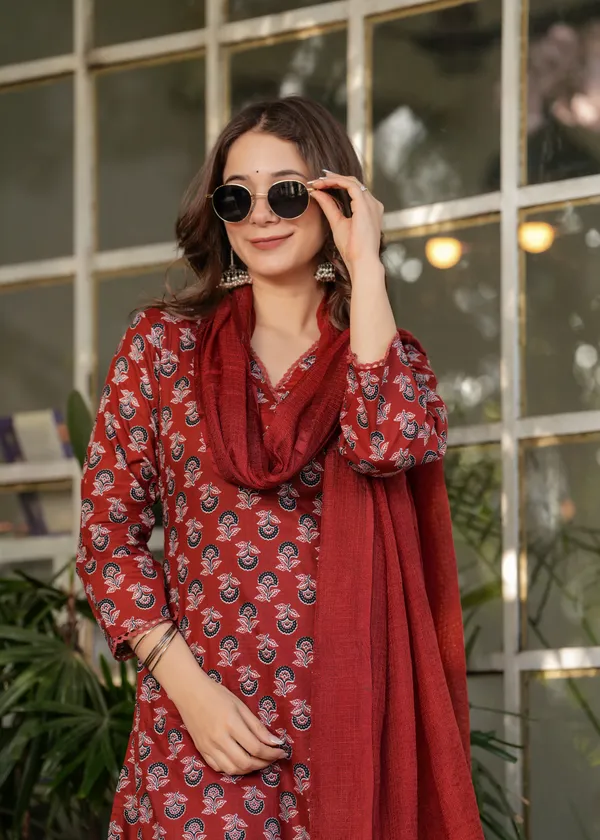 Neeva_store_Cotton_Blend_Rust_Color_Kurta_Suit_Set
