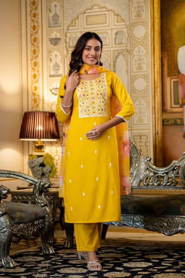 Neeva_store_Viscose_Yellow_Color_Kurta_Suit_Set