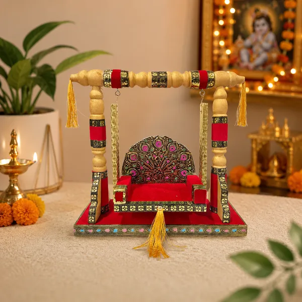 Balaji_Mart_Handmade_Wooden_Laddu_Gopal_Jhula_with_Peacock_Backrest,_Red_Velvet_Seat,_Decorative_Krishna_Swing_for_Home_Temple_&_Janmashtami_2_No.