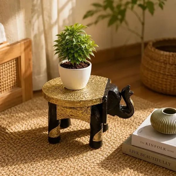 Balaji_Mart_Handcrafted_Wooden_Elephant_Stool_Wooden_All_Purpose_Chowki_(Black,_Gold,_Pack_Of_1)