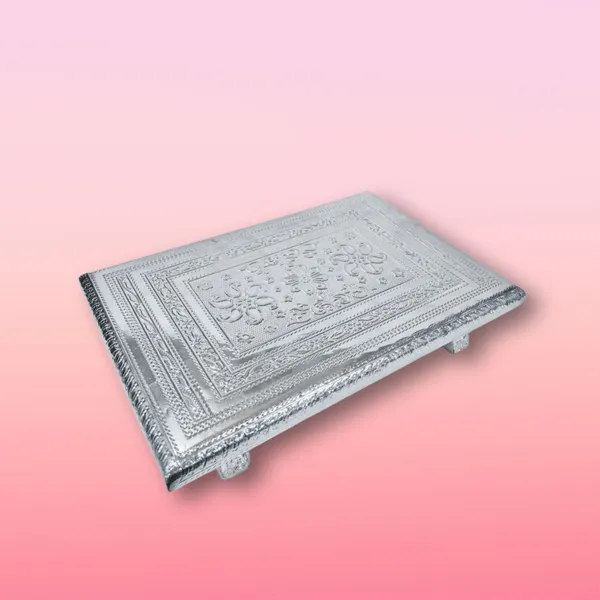 Shubhmangal_Wooden_Pooja_Patla_8X12_Inch_Silver_Flower_Design_|_Temple_Chowki_Wooden_Pooja_Chowki_(Silver,_Pack_Of_1)