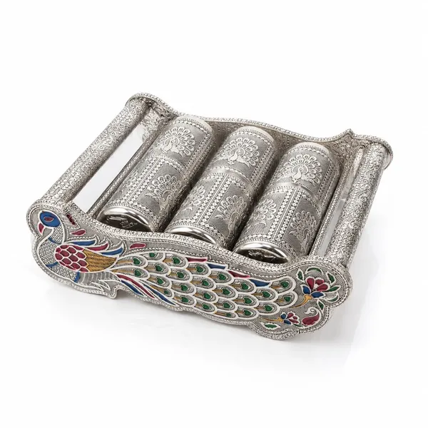Silver_Peacock_Design_6_Glass_Serving_Tray_Set_With_Metal_Holder
