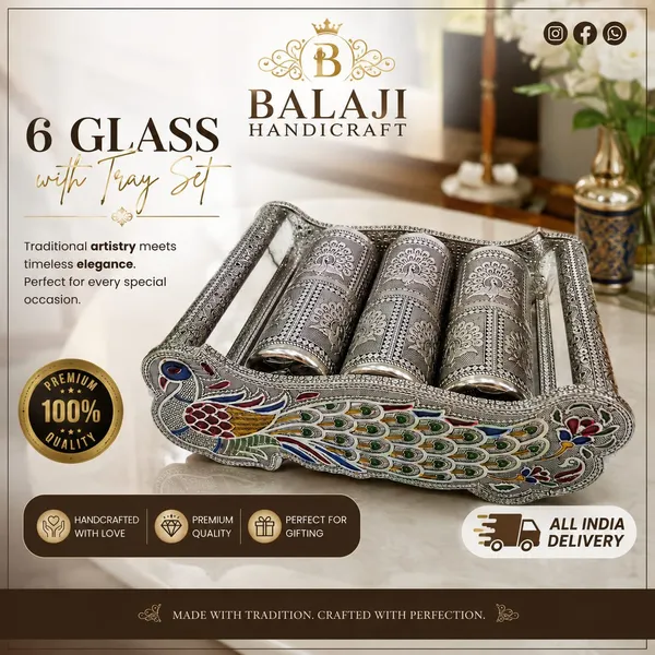 Silver_Peacock_Design_6_Glass_Serving_Tray_Set_With_Metal_Holder