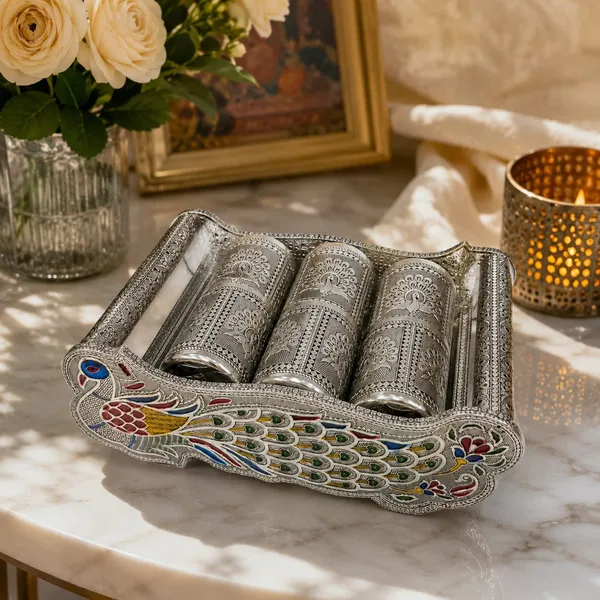 Silver_Peacock_Design_6_Glass_Serving_Tray_Set_With_Metal_Holder