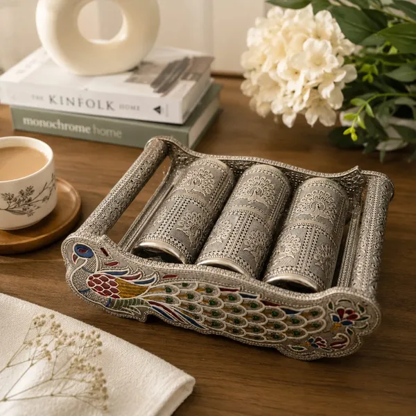 Silver_Peacock_Design_6_Glass_Serving_Tray_Set_With_Metal_Holder