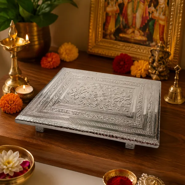 Shubhmangal_Wooden_Pooja_Patla_8X12_Inch_Silver_Flower_Design_|_Temple_Chowki_Wooden_Pooja_Chowki_(Silver,_Pack_Of_1)