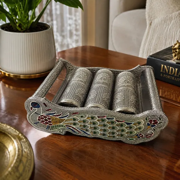 Silver_Peacock_Design_6_Glass_Serving_Tray_Set_With_Metal_Holder