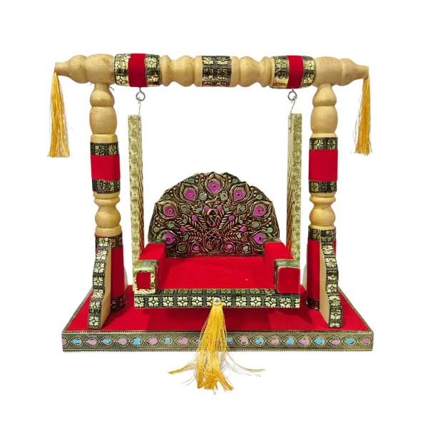 Wooden_Laddu_Gopal_Jhula_with_Decorative_Peacock_Backrest_–_Red_&_Gold_Pooja_Swing_for_Janmashtami