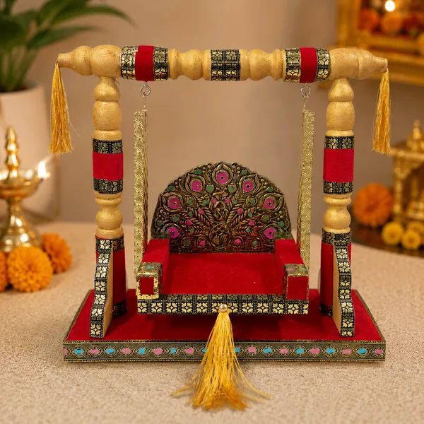 Wooden_Laddu_Gopal_Jhula_with_Decorative_Peacock_Backrest_–_Red_&_Gold_Pooja_Swing_for_Janmashtami