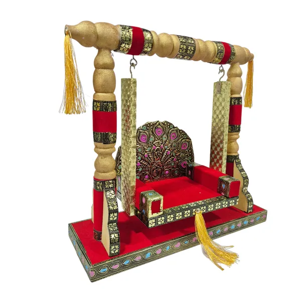 Wooden_Laddu_Gopal_Jhula_with_Decorative_Peacock_Backrest_–_Red_&_Gold_Pooja_Swing_for_Janmashtami