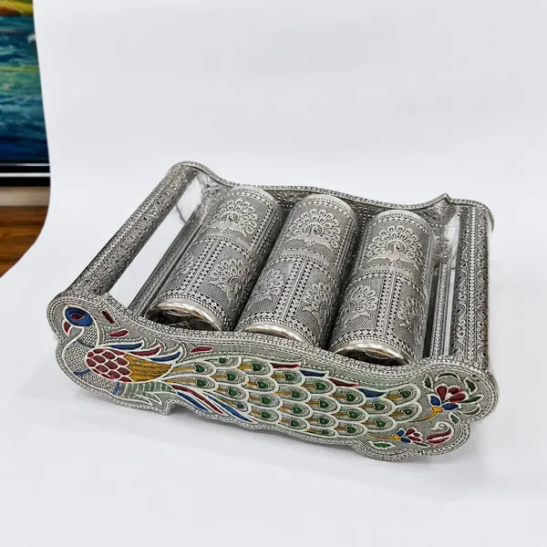 Silver_Peacock_Design_6_Glass_Serving_Tray_Set_With_Metal_Holder