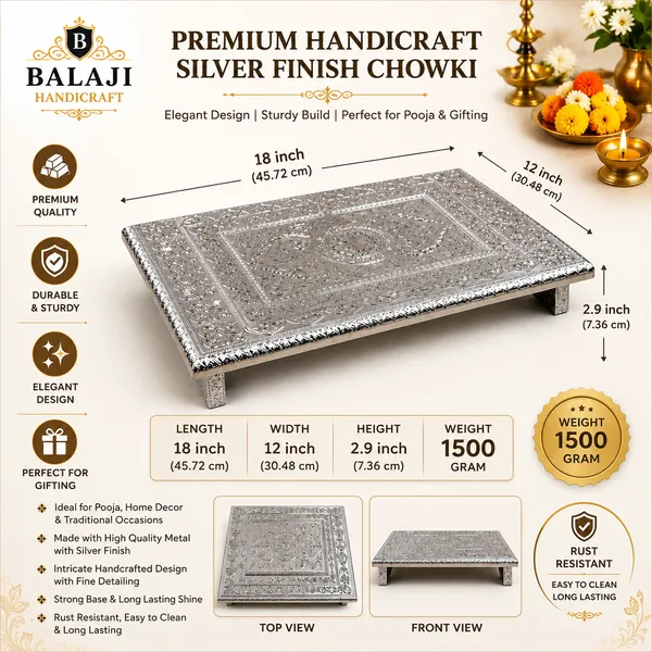 Balaji_Mart_​Silver_Plated_Embossed_Pooja_Bajot_(12x18_Inches)_-_Traditional_Patla_for_Puja_&_Home_Decor__All_Purpose_Chowki_(Silver,_Pack_Of_1)
