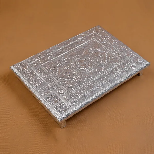 Balaji_Mart_​Silver_Plated_Embossed_Pooja_Bajot_(12x18_Inches)_-_Traditional_Patla_for_Puja_&_Home_Decor__All_Purpose_Chowki_(Silver,_Pack_Of_1)
