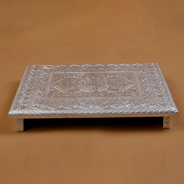 Balaji_Mart_​Silver_Plated_Embossed_Pooja_Bajot_(12x18_Inches)_-_Traditional_Patla_for_Puja_&_Home_Decor__All_Purpose_Chowki_(Silver,_Pack_Of_1)