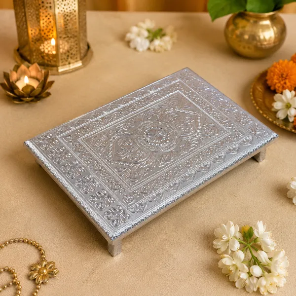 Balaji_Mart_​Silver_Plated_Embossed_Pooja_Bajot_(12x18_Inches)_-_Traditional_Patla_for_Puja_&_Home_Decor__All_Purpose_Chowki_(Silver,_Pack_Of_1)