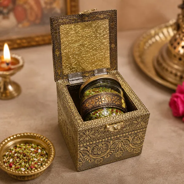 Golden_Embossed_Metal_Storage_Box_With_Decorative_Jar