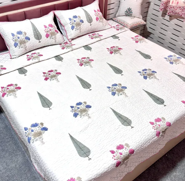 Cotton_Percale_Quilted_Floral_Print_Bedcover_With_2_Pillow_Covers