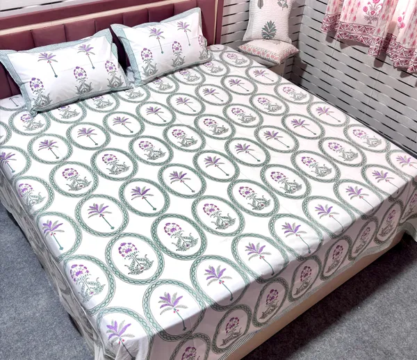 White_Lavender_Pure_Cotton_Percale_Floral_Print_Bedcover_With_2_Pillow_Covers