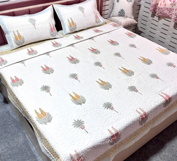 Pure_Cotton_Percale_Hand_Block_Floral_Print_Quilted_Bedcover_With_2_Pillow_Covers