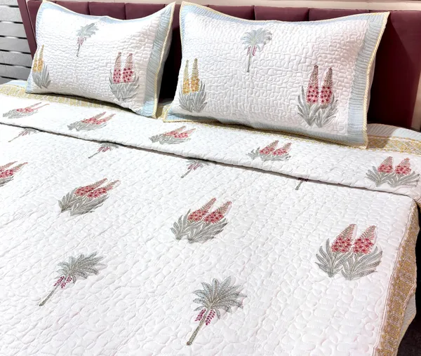 Pure_Cotton_Percale_Hand_Block_Floral_Print_Quilted_Bedcover_With_2_Pillow_Covers