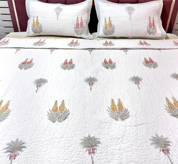 Pure_Cotton_Percale_Hand_Block_Floral_Print_Quilted_Bedcover_With_2_Pillow_Covers