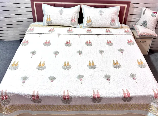 Pure_Cotton_Percale_Hand_Block_Floral_Print_Quilted_Bedcover_With_2_Pillow_Covers