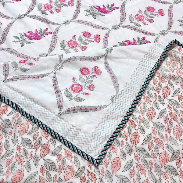 White_Pure_Cotton_Percale_Floral_Print_Bedcover_With_2_Pillow_Covers