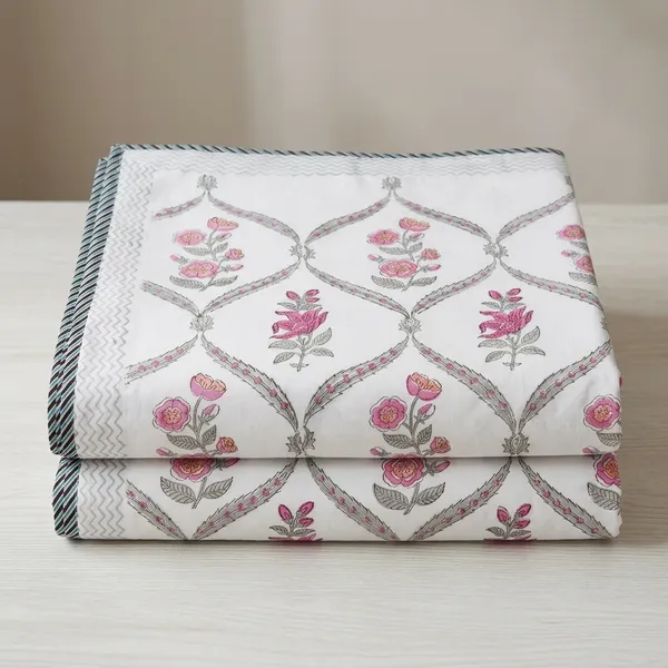 White_Pure_Cotton_Percale_Floral_Print_Bedcover_With_2_Pillow_Covers