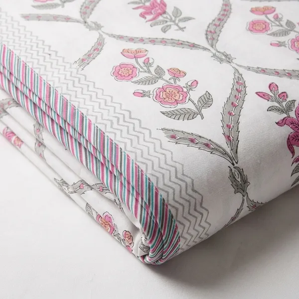 White_Pure_Cotton_Percale_Floral_Print_Bedcover_With_2_Pillow_Covers