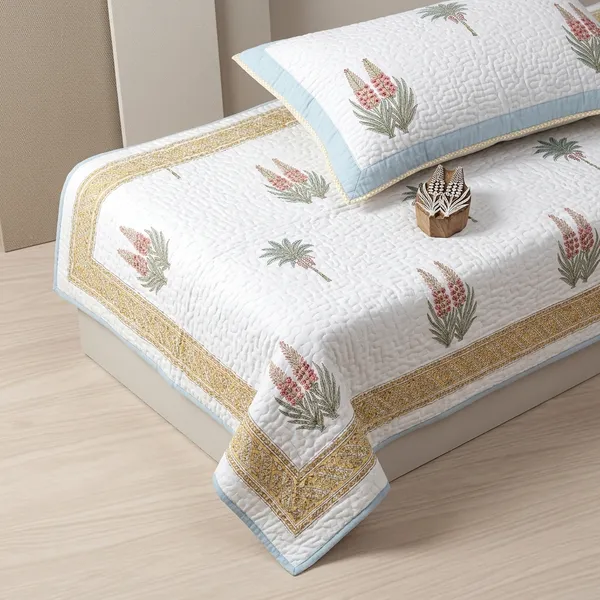 Pure_Cotton_Percale_Hand_Block_Floral_Print_Quilted_Bedcover_With_2_Pillow_Covers