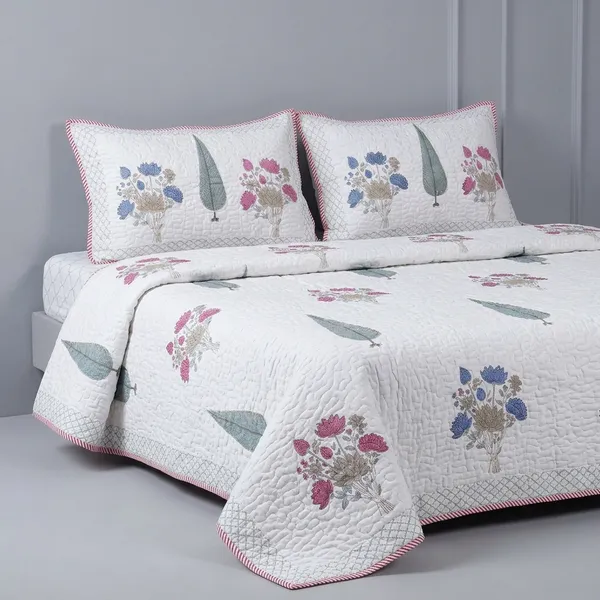 Cotton_Percale_Quilted_Floral_Print_Bedcover_With_2_Pillow_Covers
