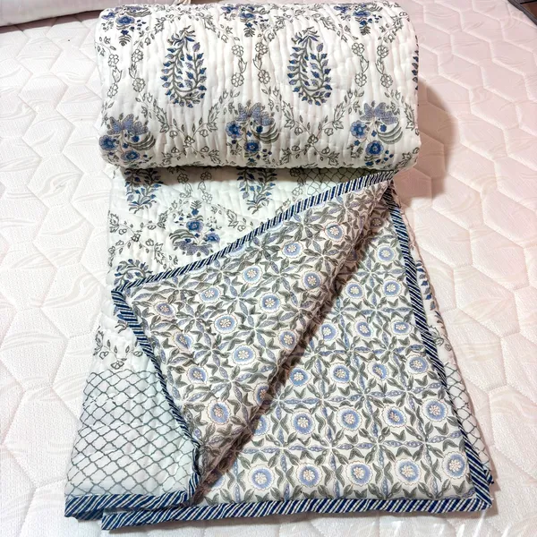 White_Blue_Mulmul_Floral_Print_Double_Bed_Quilt
