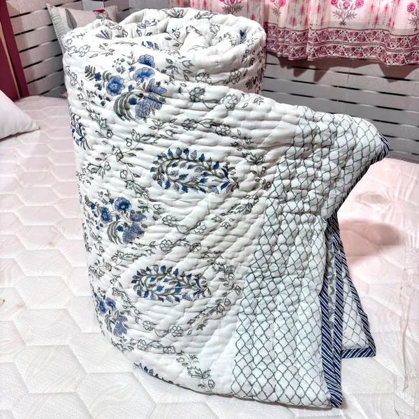 White_Blue_Mulmul_Floral_Print_Double_Bed_Quilt
