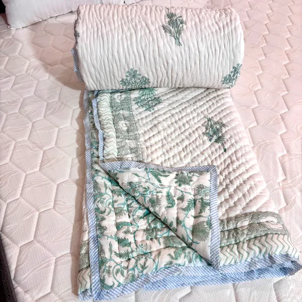 White_Mulmul_Reversible_Floral_Print_King_Size_Quilt