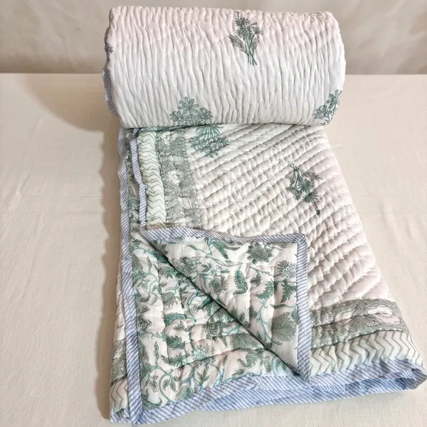 White_Mulmul_Reversible_Floral_Print_King_Size_Quilt
