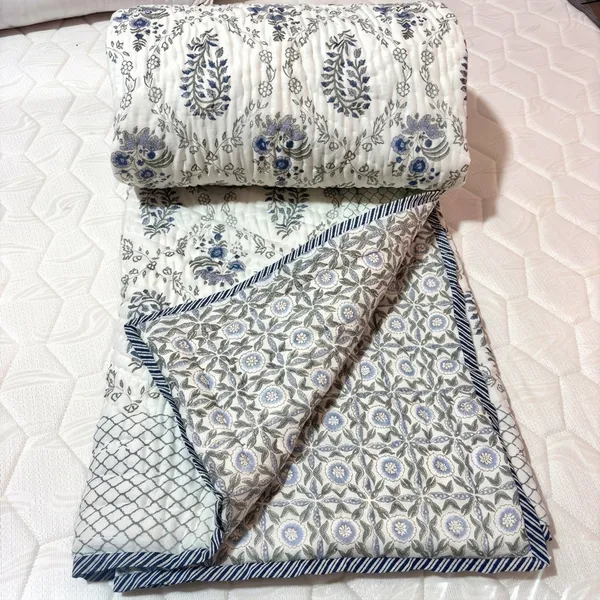 White_Blue_Mulmul_Floral_Print_Double_Bed_Quilt