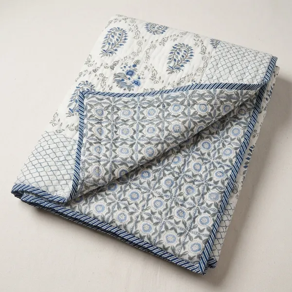 White_Blue_Mulmul_Floral_Print_Double_Bed_Quilt