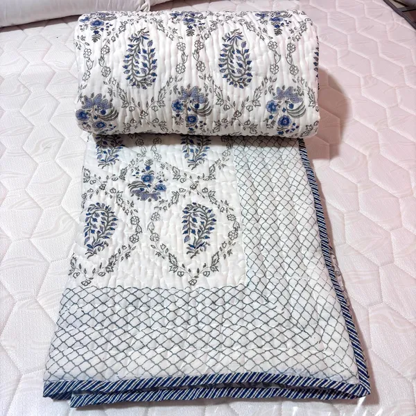 White_Blue_Mulmul_Floral_Print_Double_Bed_Quilt