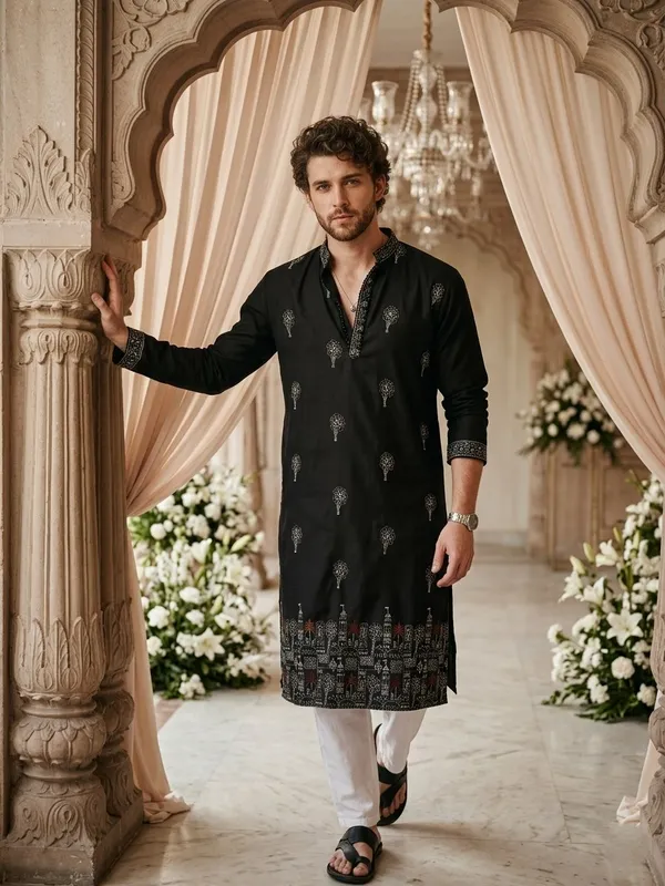 Black_And_White_Cotton_Embroidered_Kurta_Set_For_Men