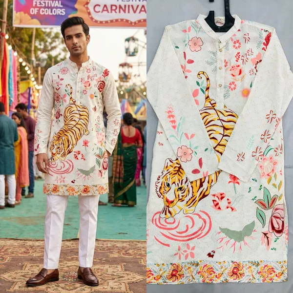 White_Cotton_Digital_Print_Kurta_For_Men