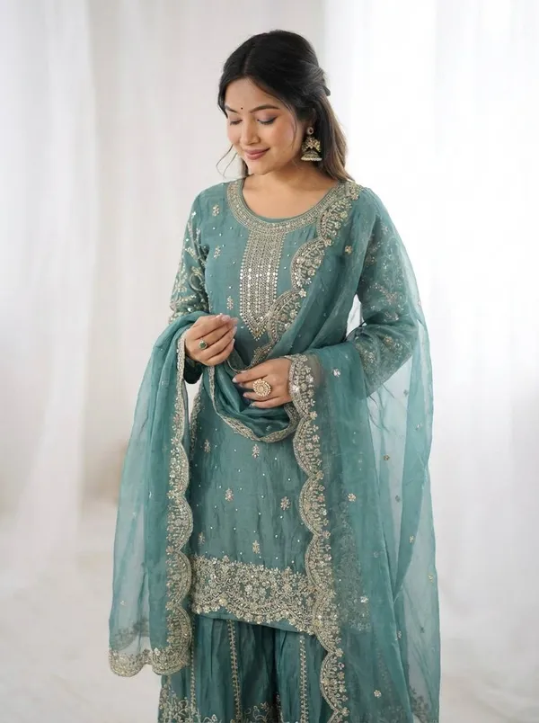 Teal_Green_Frendy_Silk_Embroidered_Sharara_Set_For_Women