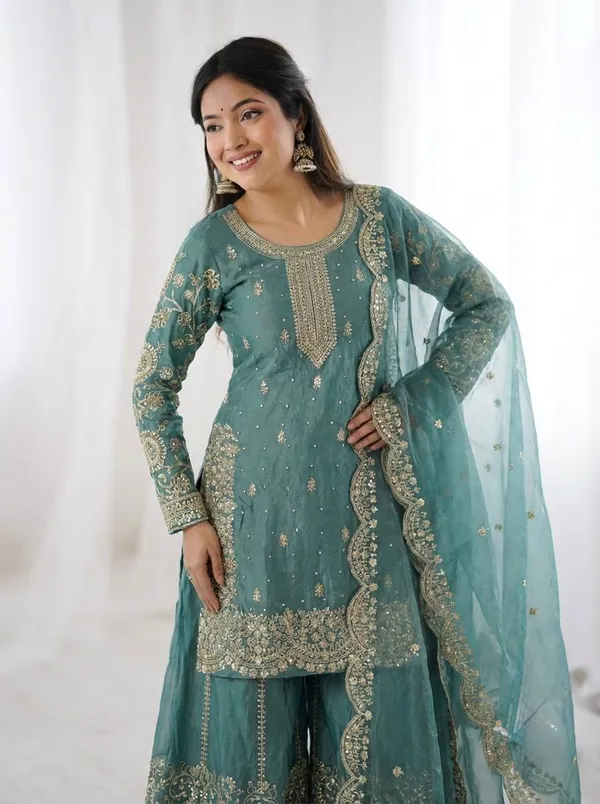 Teal_Green_Frendy_Silk_Embroidered_Sharara_Set_For_Women