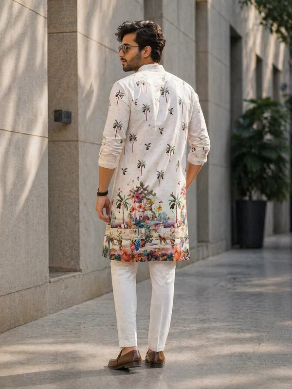 White_Cotton_Digital_Print_Kurta_For_Men