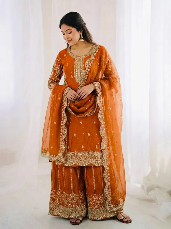 Orange_Frendy_Silk_Embroidered_Sharara_Set_For_Women