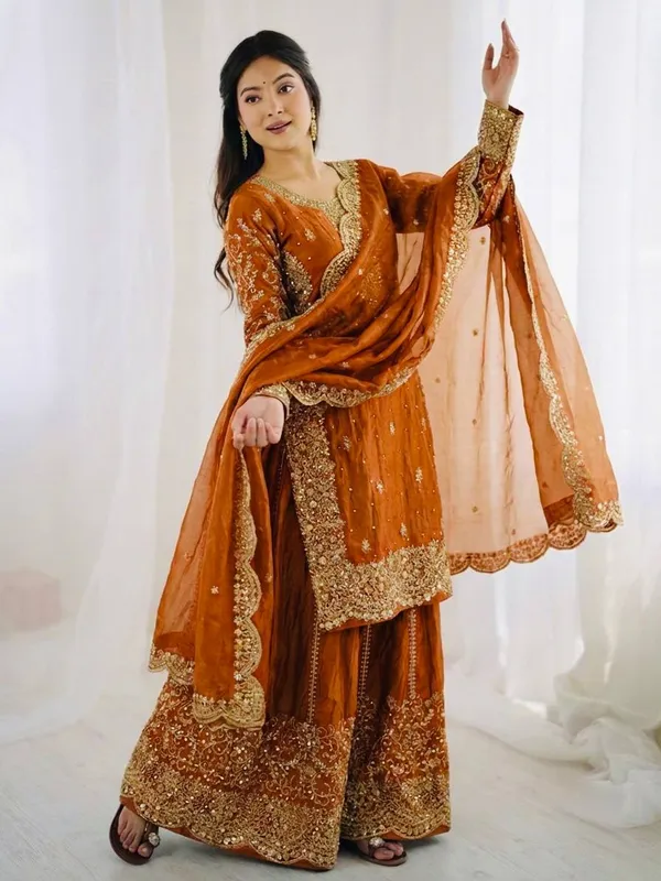 Orange_Frendy_Silk_Embroidered_Sharara_Set_For_Women