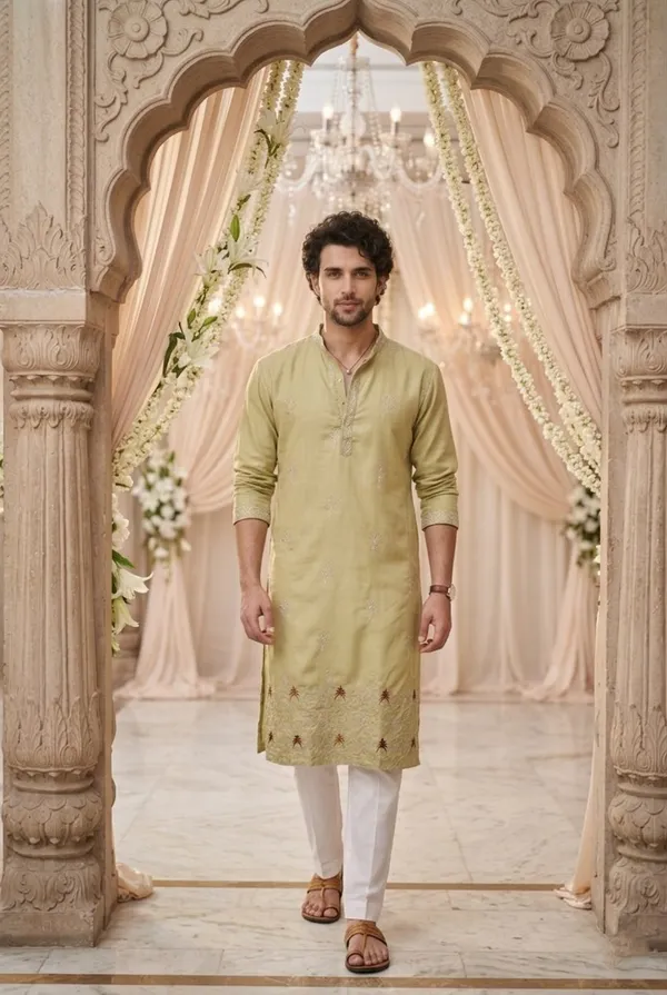 Green_Cotton_Embroidered_Kurta_For_Men