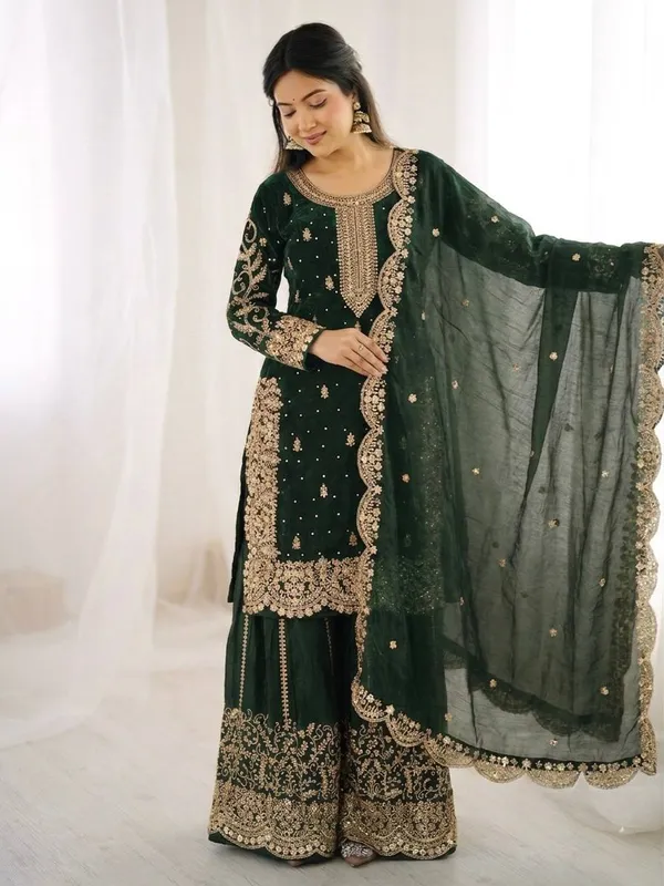 Dark_Green_Frendy_Silk_Embroidered_Sharara_Set_For_Women