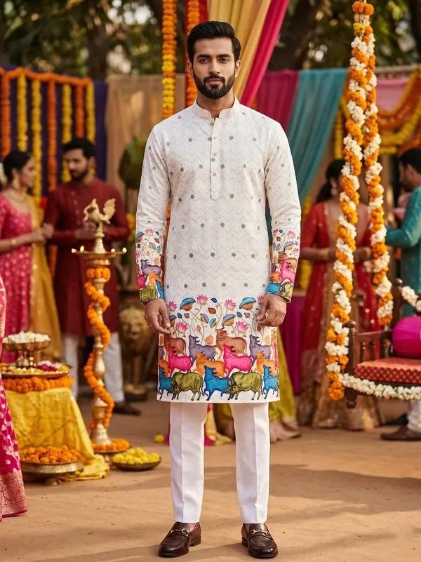 White_Cotton_Digital_Print_Kurta_For_Men